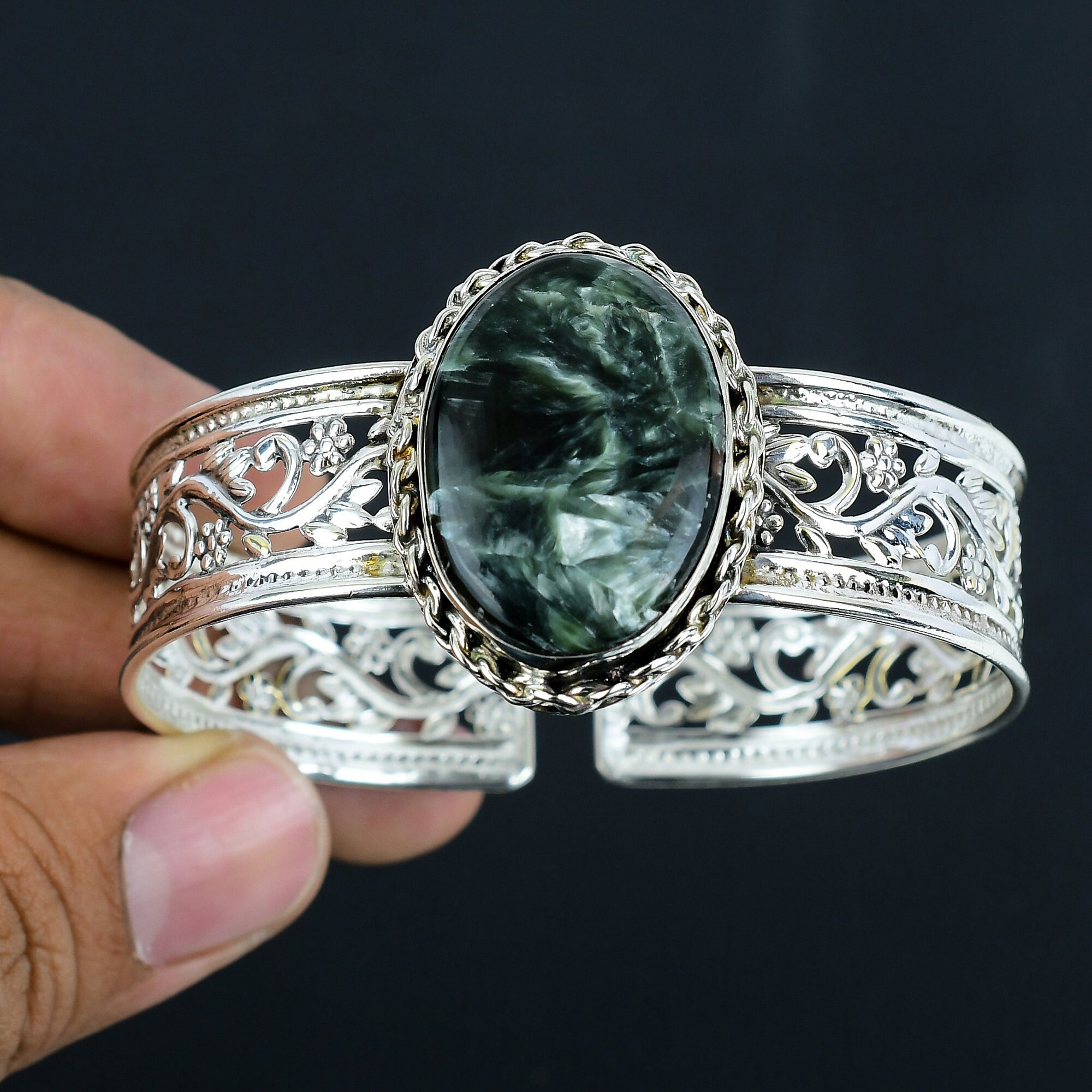 Seraphinite Cuff Bracelet: Adjustable Sterling Silver Bangle, Handmade Jewelry