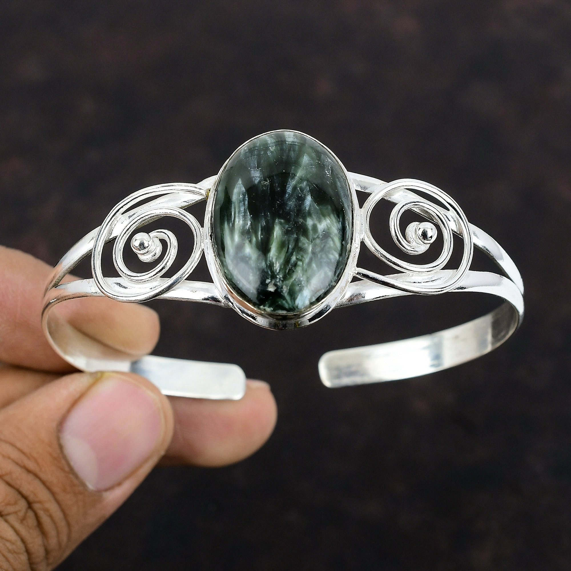 Seraphinite Cuff Bracelet: Adjustable Sterling Silver Bangle
