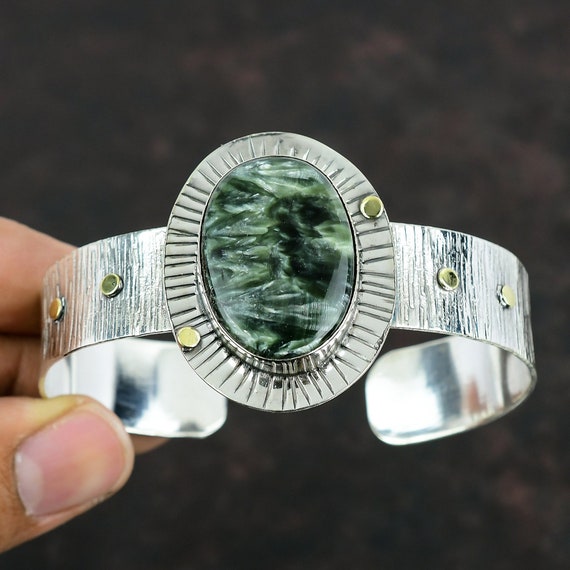 Seraphinite Cuff Bracelet: Handmade 925 Sterling Silver Adjustable Bangle