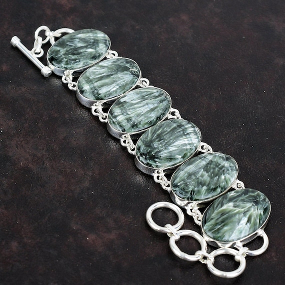 Seraphinite Gemstone Bracelet, Handmade 925 Sterling Silver Jewelry