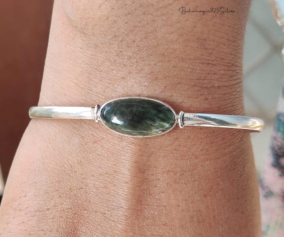 Genuine Seraphinite Bracelet, 925 Sterling Silver Gemstone Bangle Jewelry, Women Gift Item
