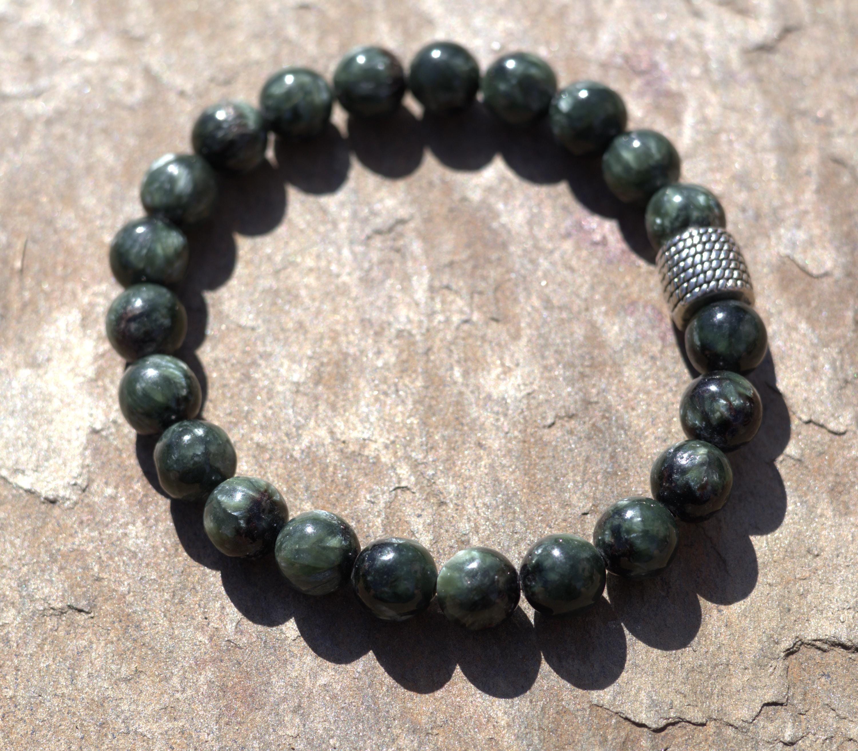 Seraphinite Bracelet, Green Seraphinite, 7mm Round Beads, High Energy Combination, On Stretch Cord!