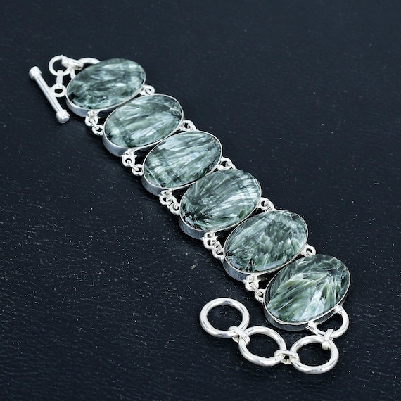 Handmade Seraphinite Bracelet: 925 Sterling Silver Adjustable Chain