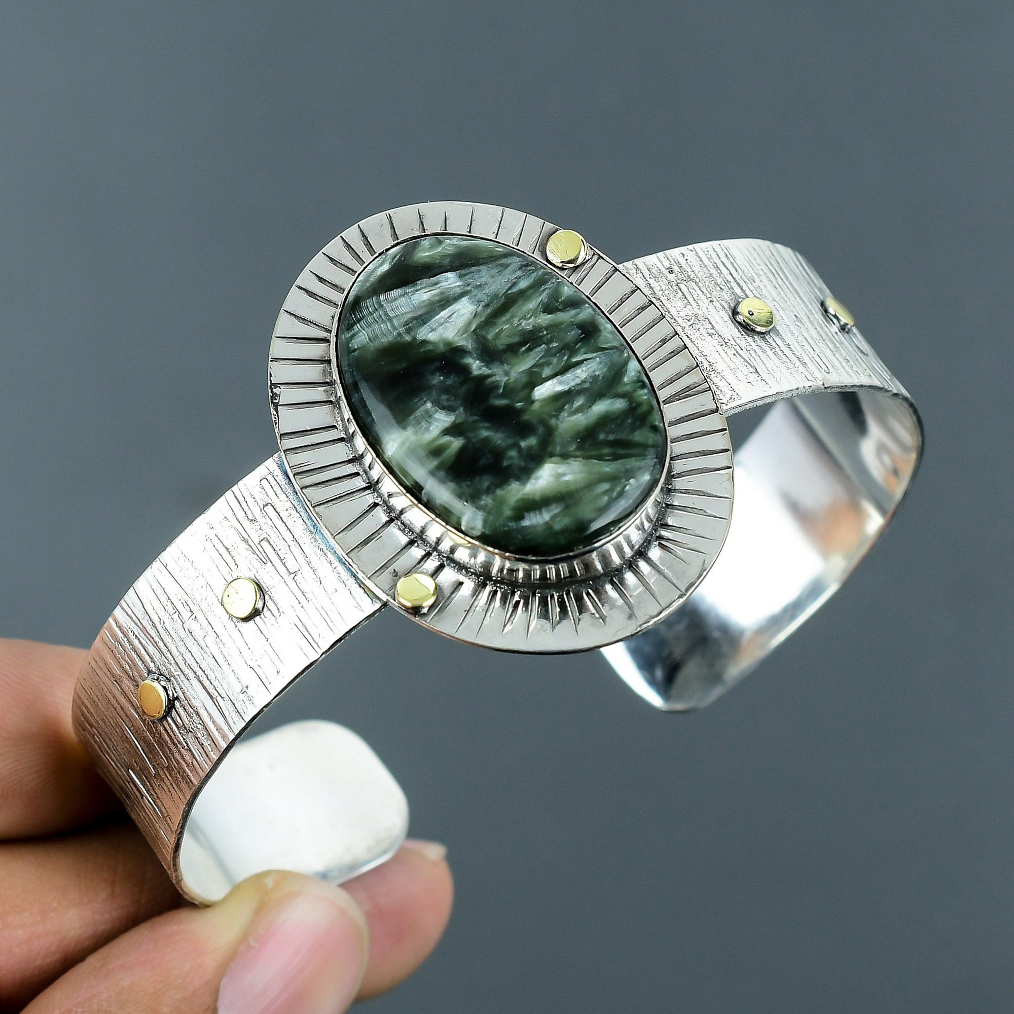Handmade Seraphinite Bangle: 925 Sterling Silver Adjustable Cuff
