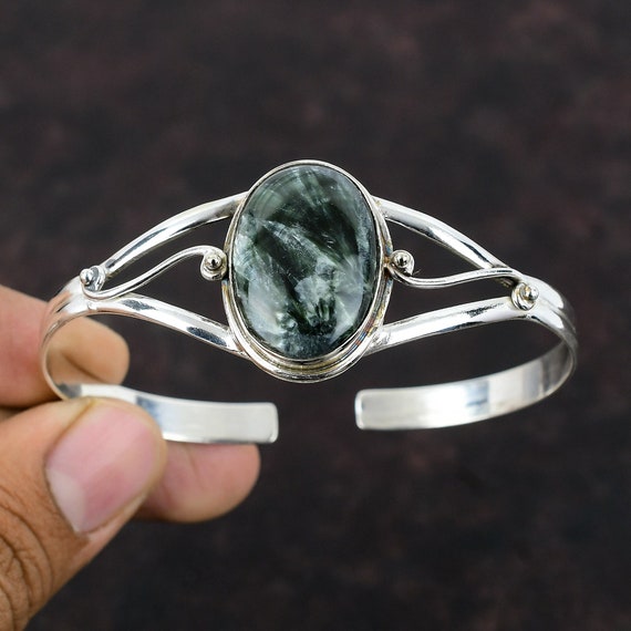 Handmade Seraphinite Cuff Bracelet: Adjustable 925 Sterling Silver Bangle Handmade Seraphinite Cuff Bracelet: Adjustable 925 Sterling Silver Bangle
