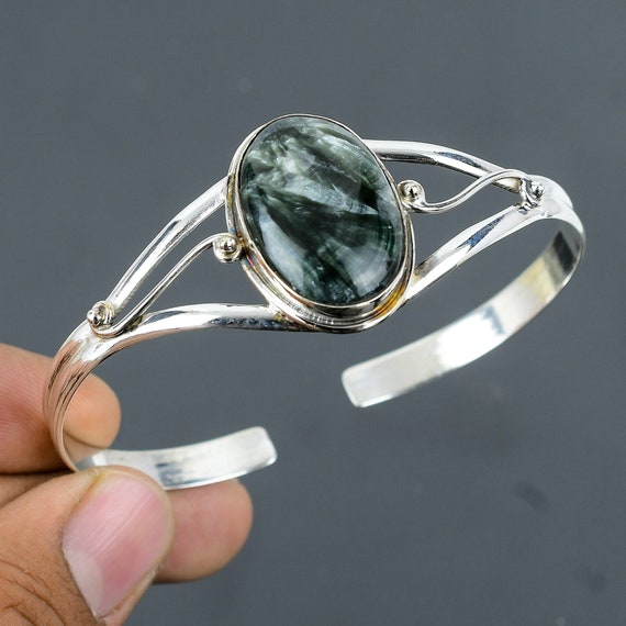 Handmade Seraphinite Cuff Bracelet: Adjustable Sterling Silver Bangle