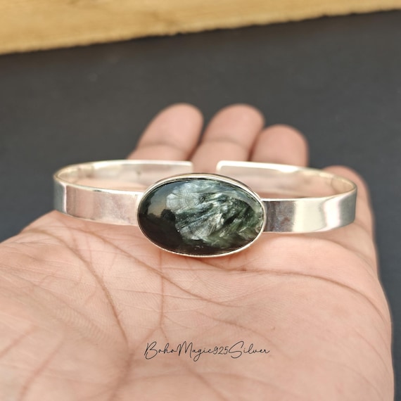 Handmade Seraphinite Cuff Bangle: 925 Sterling Silver Jewelry Handmade Seraphinite Cuff Bangle: 925 Sterling Silver Jewelry