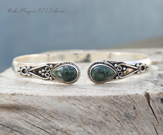 Handmade Seraphinite Gemstone 925 Sterling Silver Bangle Bracelet Handmade Seraphinite Gemstone 925 Sterling Silver Bangle Bracelet