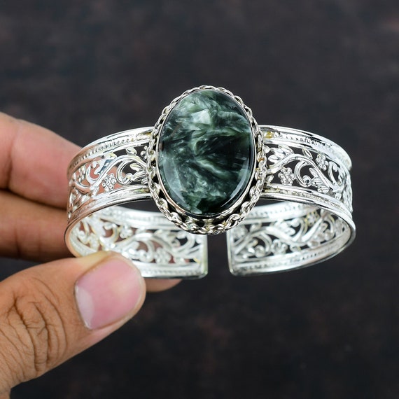 Handmade Seraphinite Gemstone Cuff: Adjustable 925 Sterling Silver Bangle