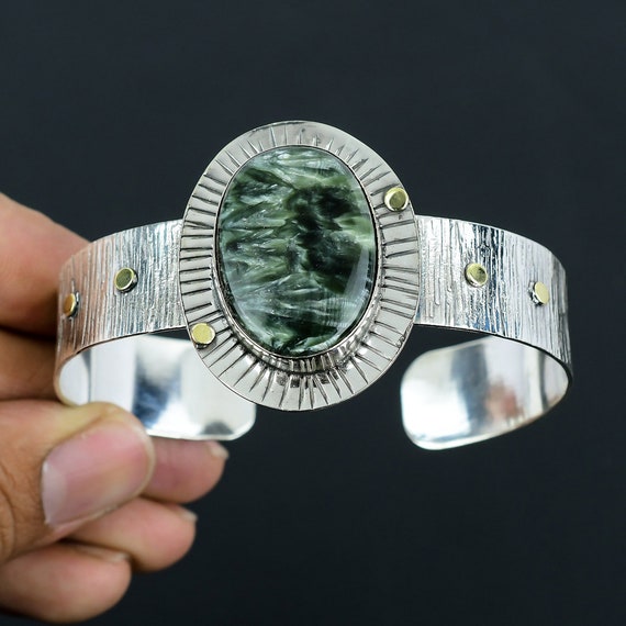 Handmade Seraphinite Sterling Silver Cuff Bangle: Adjustable Gemstone Jewelry