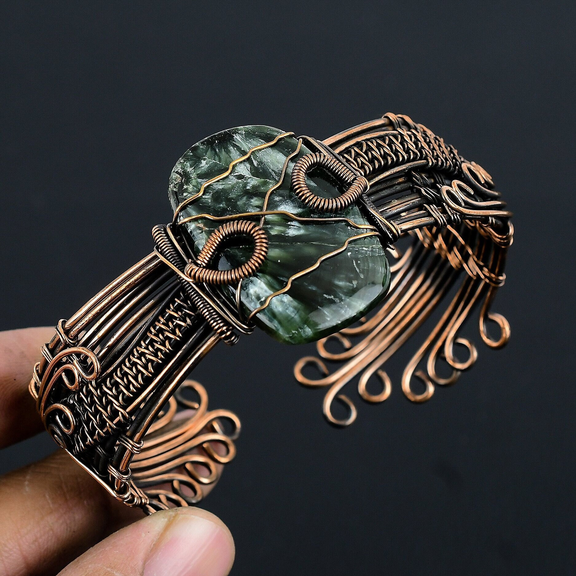 Natural Seraphinite Bracelet, Real Seraphinite Crystal Copper Wire Wrapped Adjustable Bangle, Wire Wrap Handmade Jewelry Gift For Mom, Wife Natural Seraphinite Bracelet, Real Seraphinite Crystal Copper Wire Wrapped Adjustable Bangle, Wire Wrap Handmade Jewelry Gift For Mom, Wife