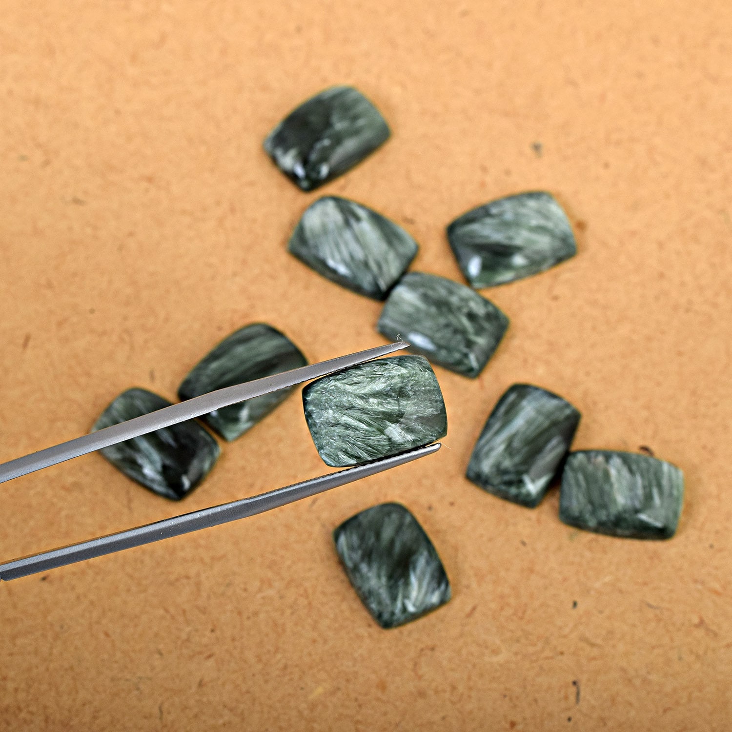Natural Green Seraphinite Cabochon, Rectangle Loose Gemstone For Jewelry Making, 3x5-20x30mm Flat Back Polished Calibrated Gemstone
