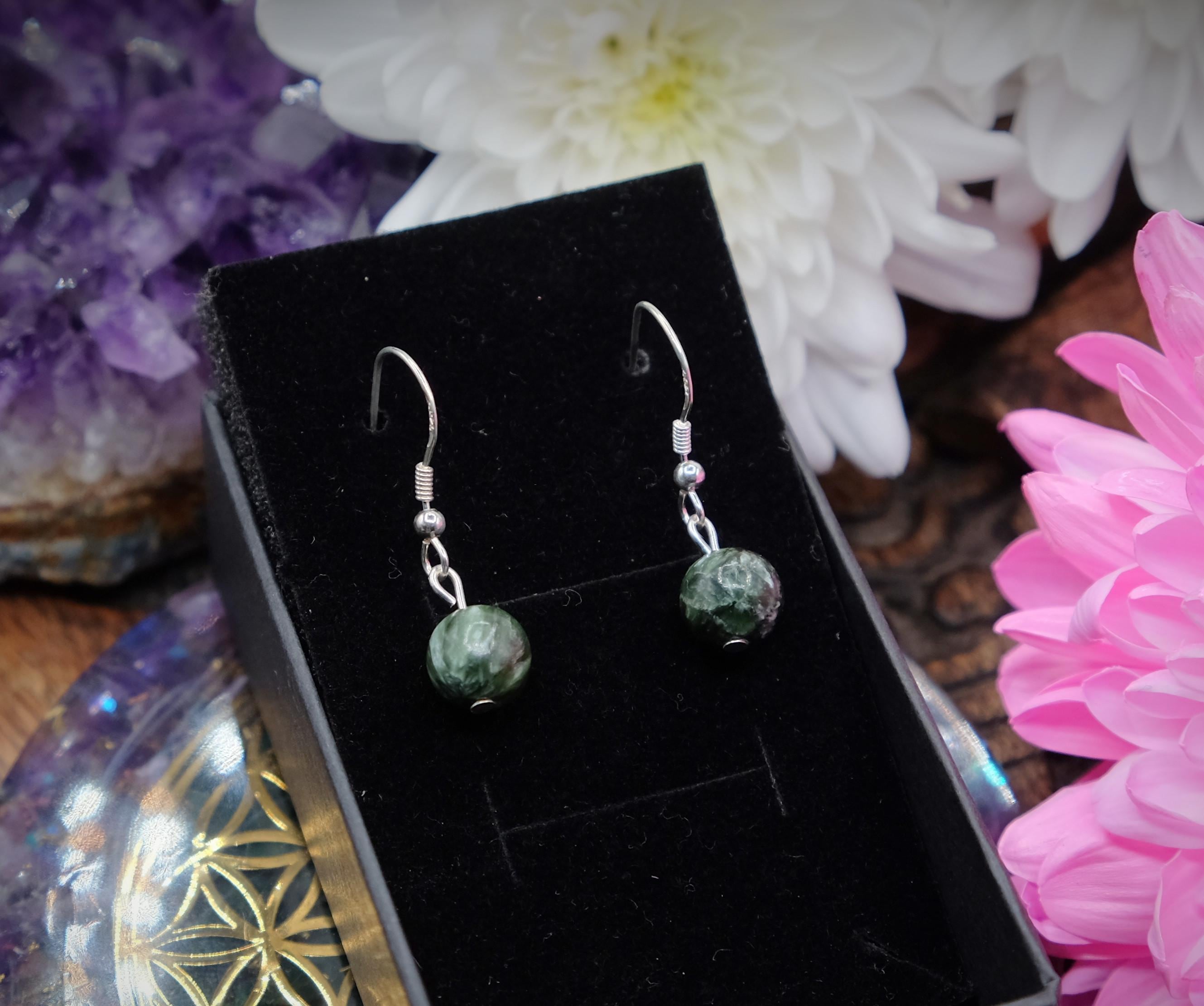 Seraphinite 8mm Dangle Drop Earrings Sterling Silver Energy, Prosperity, Good Luck, Peace, Harmony