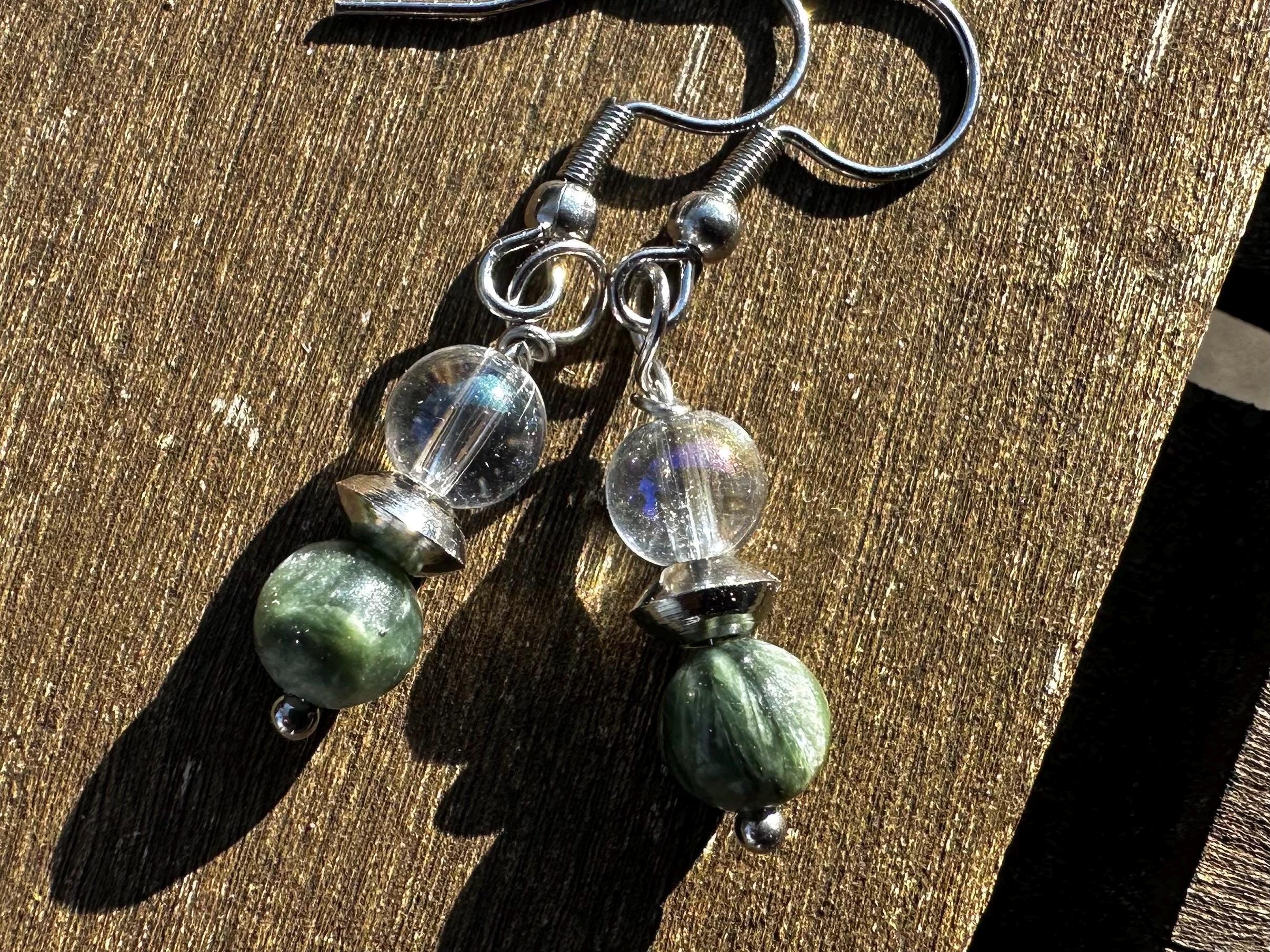 Seraphinite And Angel Aura, Stainless Steel, Healing Stone Earrings!