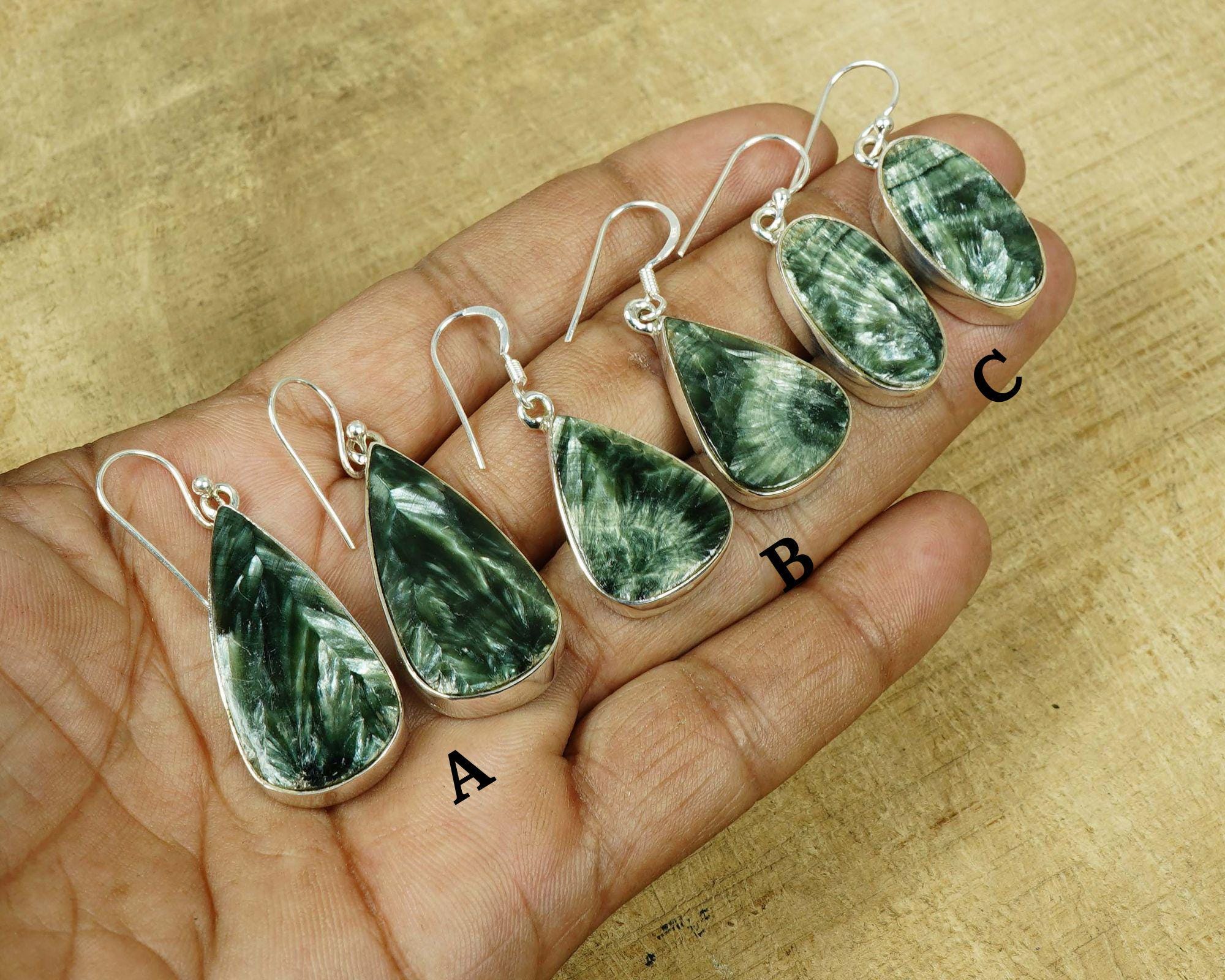 Green Seraphinite Sterling Silver Hook Earrings: Handmade Gemstone Jewelry