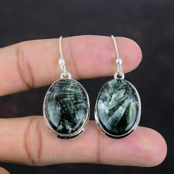 Handmade Seraphinite Earrings: 925 Sterling Silver Gemstone Jewelry