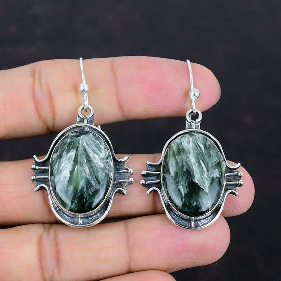 Handmade Seraphinite Earrings: 925 Sterling Silver Gemstone Jewelry