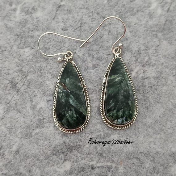 Handmade Seraphinite 925 Sterling Silver Pear Earrings