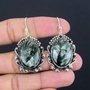 Handmade Seraphinite Earrings: 925 Sterling Silver, Oval Gemstone Handmade Seraphinite Earrings: 925 Sterling Silver, Oval Gemstone