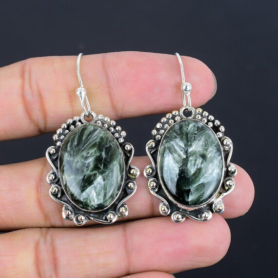 Handmade Seraphinite Earrings: 925 Sterling Silver, Oval Gemstone Handmade Seraphinite Earrings: 925 Sterling Silver, Oval Gemstone