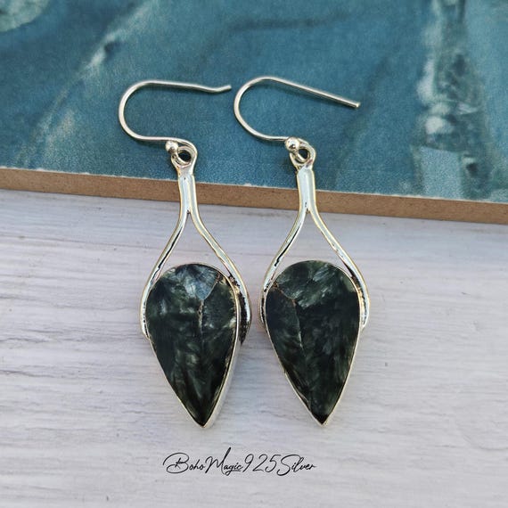 Handmade Seraphinite Gemstone Earrings: 925 Sterling Silver Jewelry