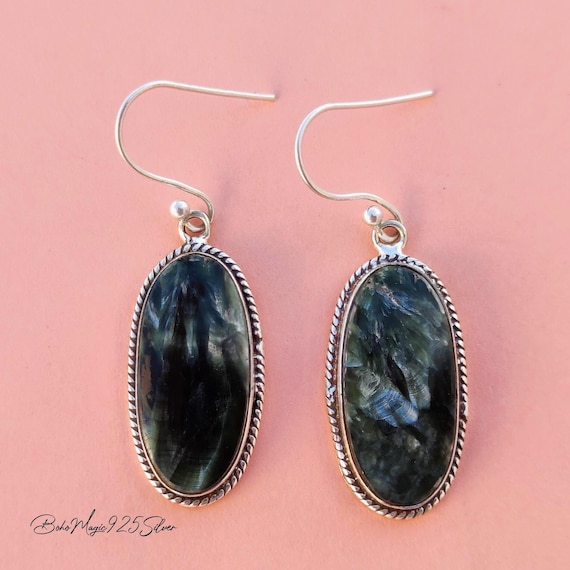 Handmade Seraphinite Gemstone Earrings: 925 Sterling Silver Jewelry