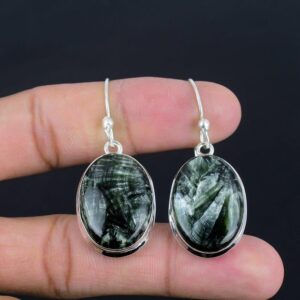 Handmade Seraphinite Earrings: Oval Gemstone, 925 Sterling Silver Handmade Seraphinite Earrings: Oval Gemstone, 925 Sterling Silver