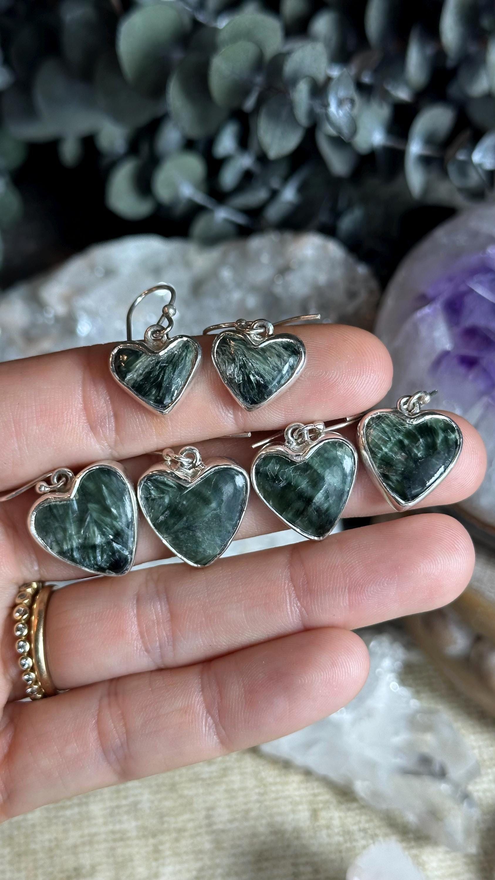 Seraphinite Heart Dangle Earrings, .925 Sterling Silver
