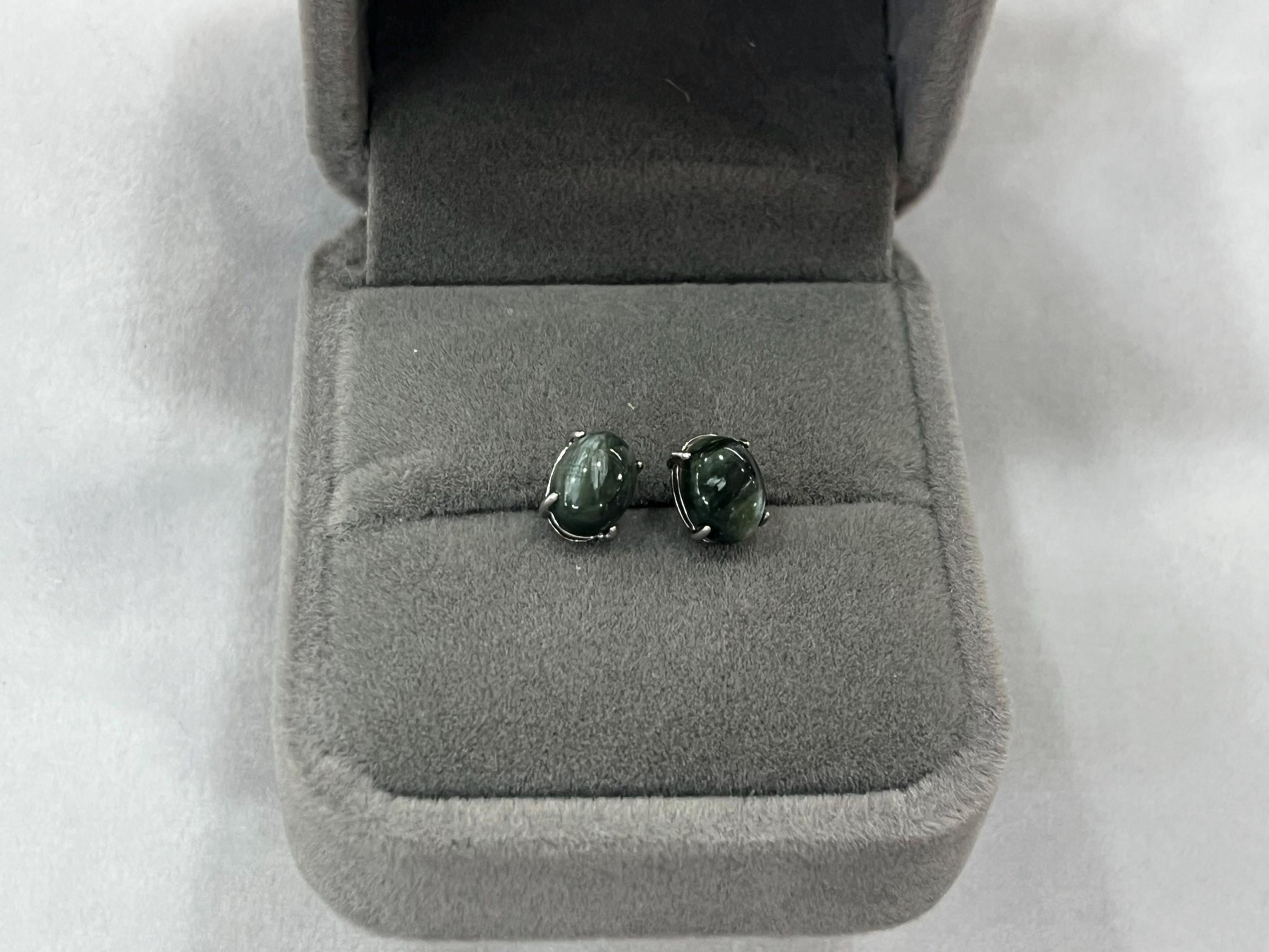 Natural 6x8mm Oval Green Seraphinite Genuine Gemstone Stud Earrings With 925 Sterling Silver Accessory ---1 Pair (2pcs)