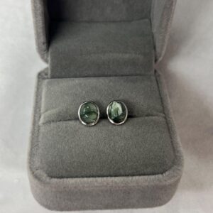 Natural 7x9mm Oval Green Seraphinite Genuine Gemstone Stud Earrings - -1 Pair (2pcs)