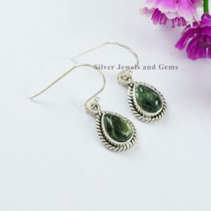 Natural Seraphinite Earring, Handmade Earring, 925 Sterling Silver Earrings, Dark Green Stone Earring, Gift For Her, Dainty Earrings