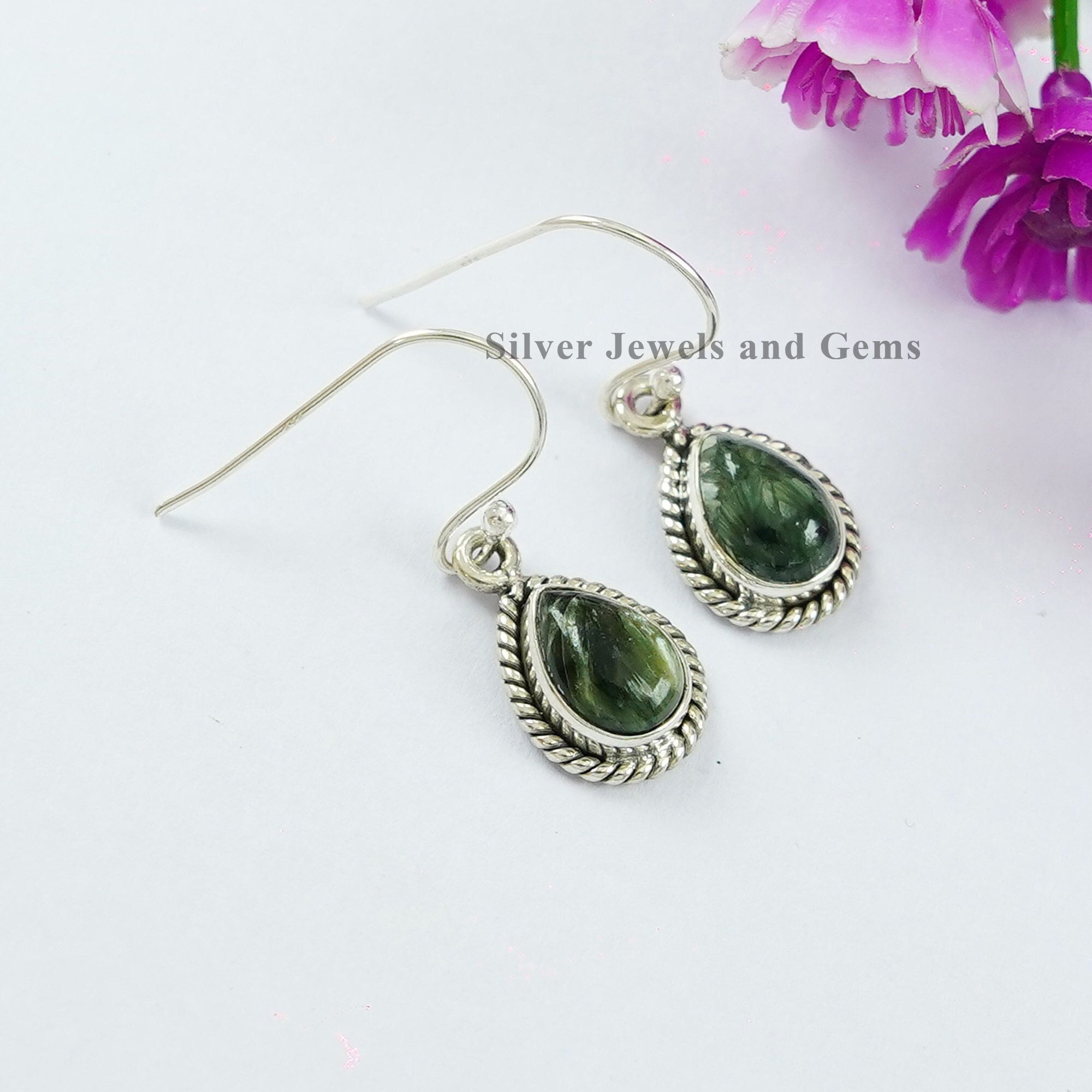 Natural Seraphinite Earring, Handmade Earring, 925 Sterling Silver Earrings, Dark Green Stone Earring, Gift For Her, Dainty Earrings