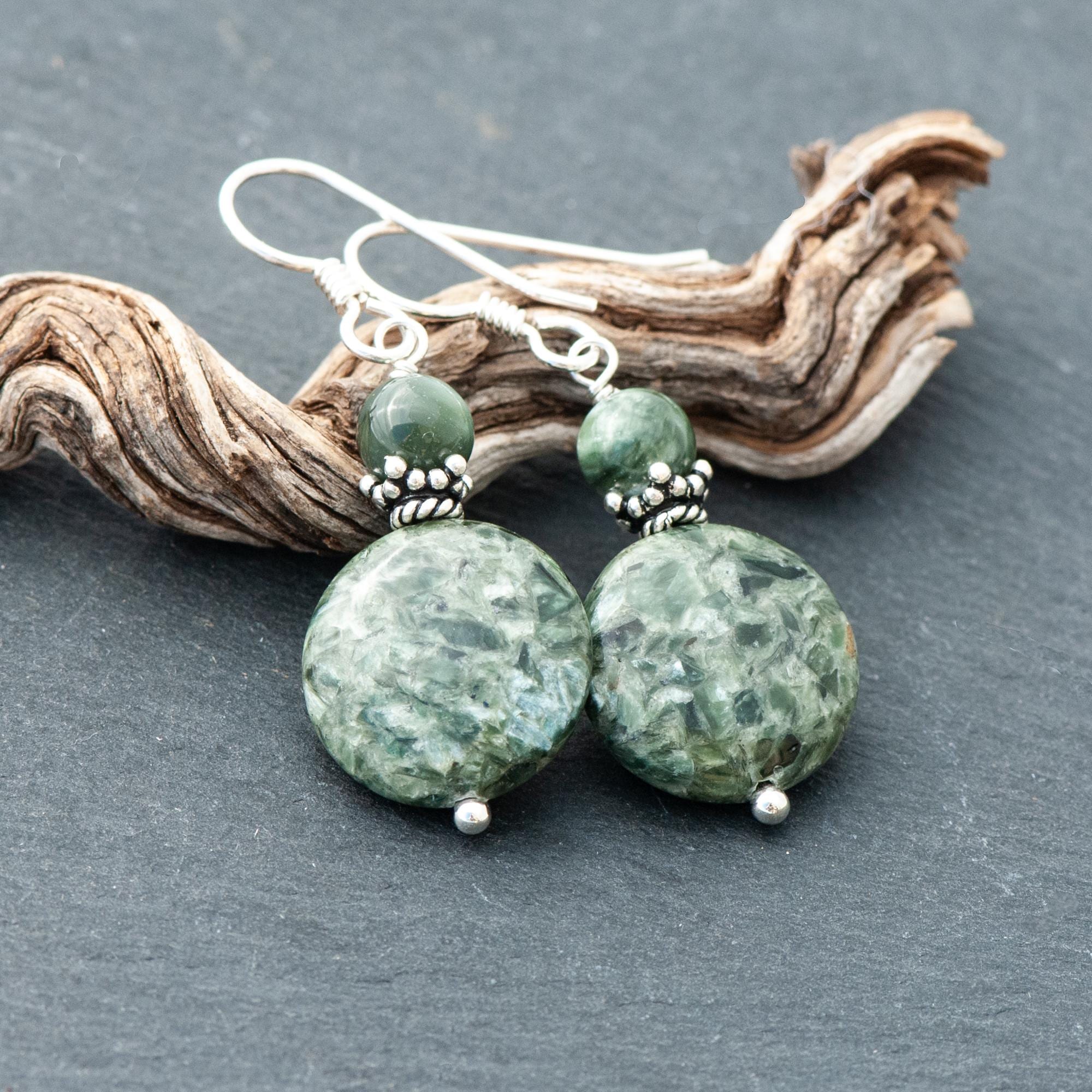 Seraphinite Earrings, Natural Stone Green Dangles, 925 Sterling Silver French Ear Wires, Iridescent Green Drop Earrings