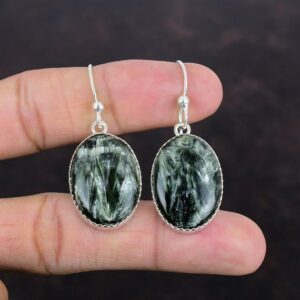 Oval Seraphinite Earrings, 925 Sterling Silver Dangle Earrings Oval Seraphinite Earrings, 925 Sterling Silver Dangle Earrings