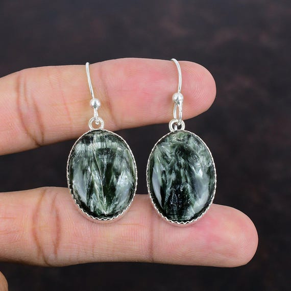 Oval Seraphinite Earrings, 925 Sterling Silver Dangle Earrings
