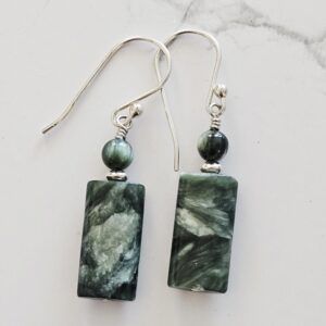 Seraphinite Earrings | Sterling Silver | Rectangle Stone with 5mm Bead | Handmade Gemstone Jewelry Seraphinite Earrings | Sterling Silver | Rectangle Stone with 5mm Bead | Handmade Gemstone Jewelry