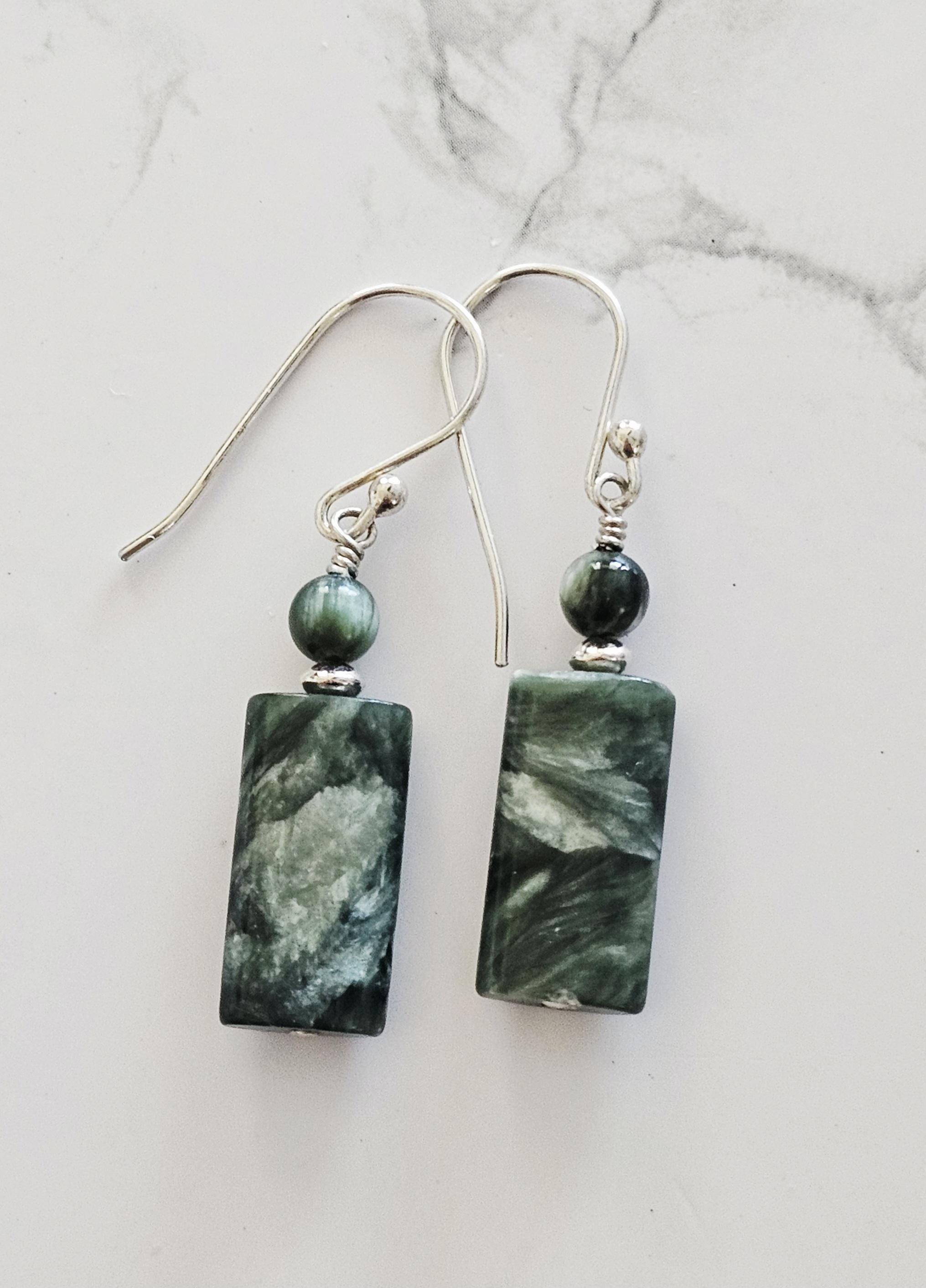Seraphinite Earrings | Sterling Silver | Rectangle Stone With 5mm Bead | Handmade Gemstone Jewelry
