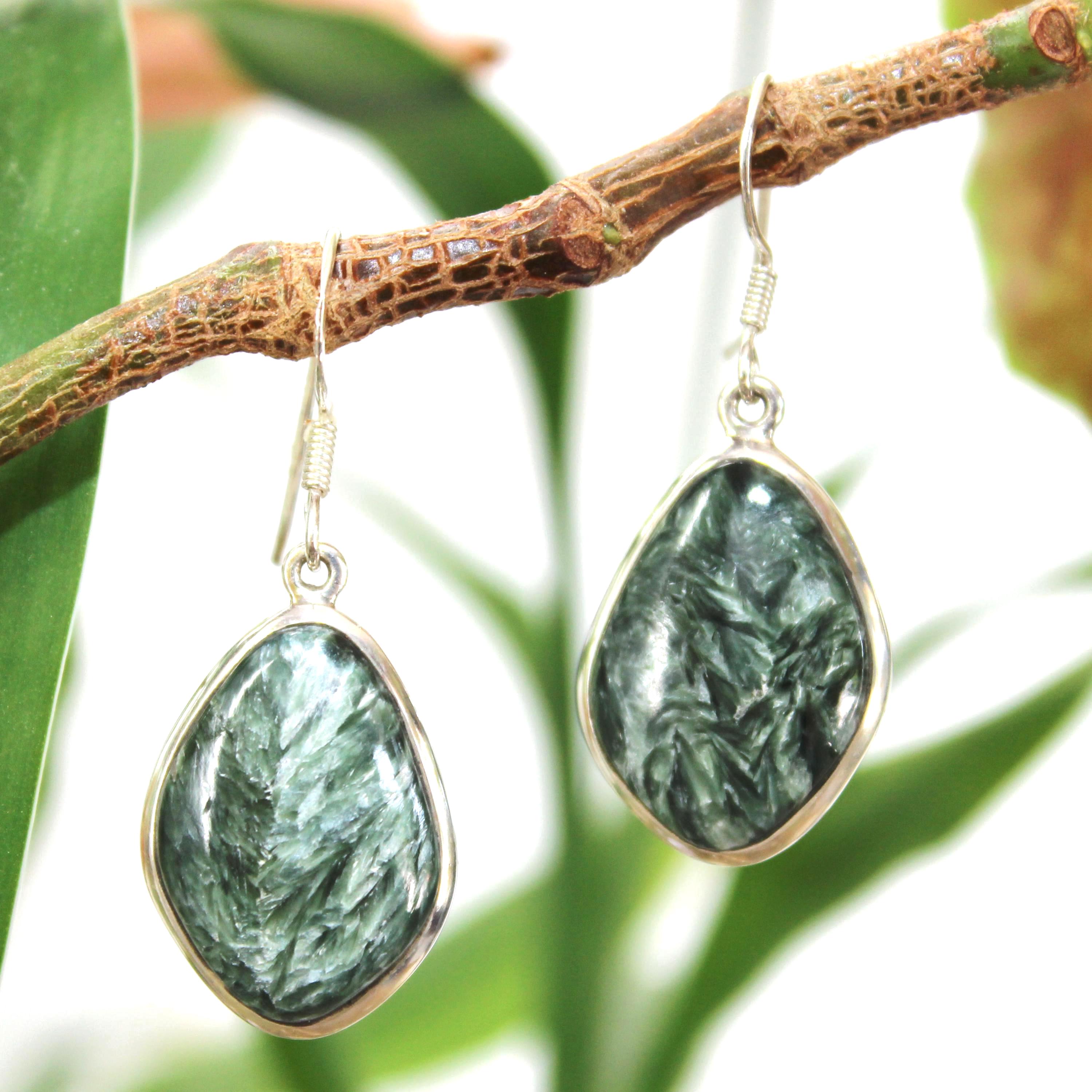 Seraphinite Stone Earrings: 925 Sterling Silver Dangle, Green Gemstone