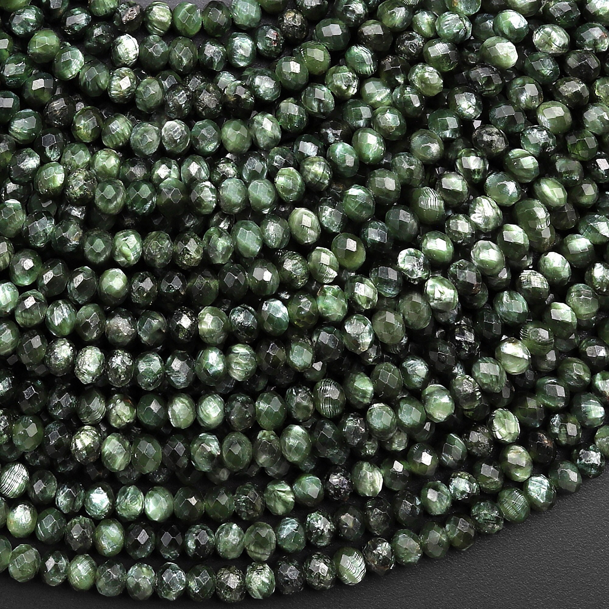 Aaa Genuine Natural Seraphinite Micro Faceted 3mm 4mm Rondelle Beads Green Gemstone From Russia 15.5" Strand