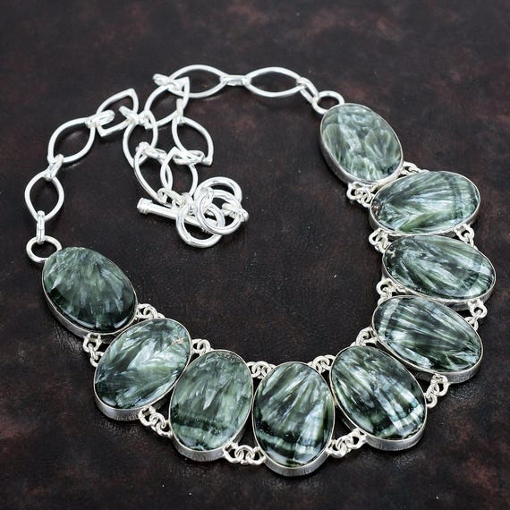 Seraphinite Gemstone Necklace: Handmade 925 Sterling Silver, Adjustable Chain