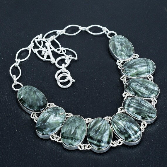Handmade Seraphinite Gemstone Necklace: 925 Sterling Silver, Adjustable Chain