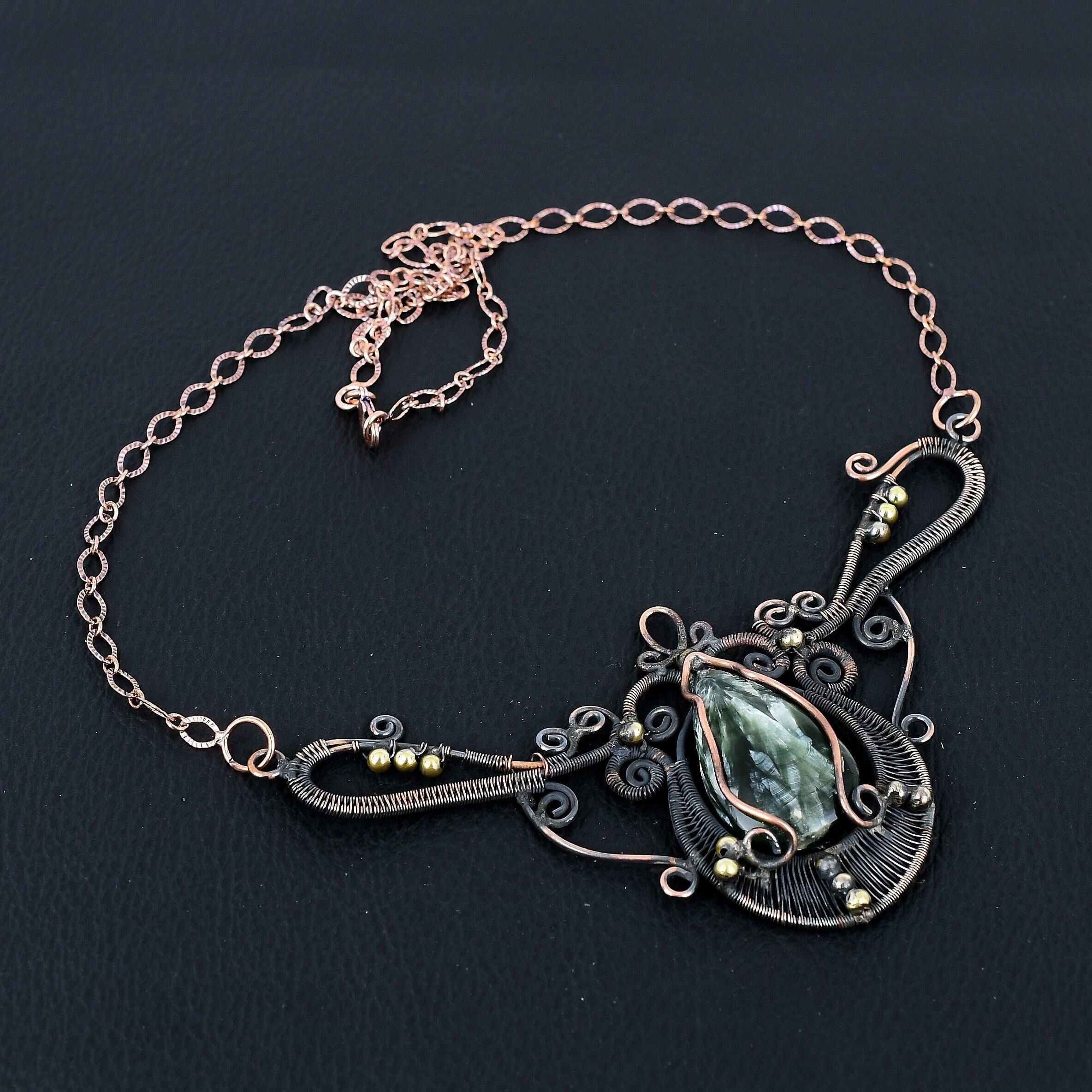 Seraphinite Necklace, Natural Seraphinite Gemstone Necklace, Copper Wire Wrapped Chain Necklace, Handmade Jewelry Gifts For Mom, Wife & Gf