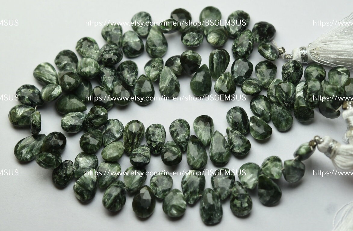8 Inch Strand,natural Green Seraphinite Faceted Pear Shape Briolettes,size 9-11mm