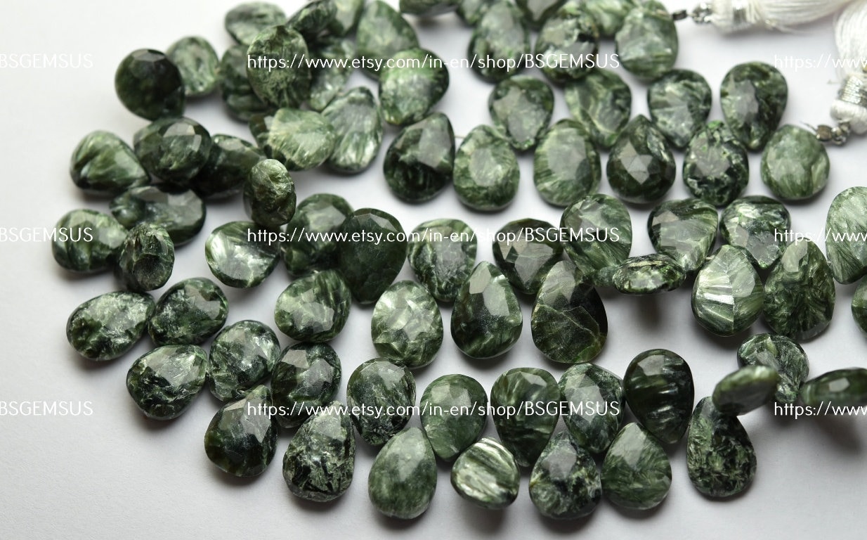 8 Inch Strand,natural Green Seraphinite Faceted Pear Shape Briolettes,size 11-12mm