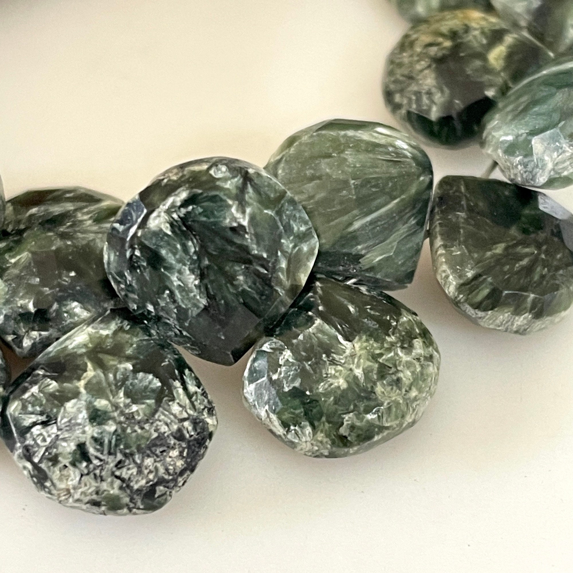 9mm Seraphinite Faceted Heart Briolette Beads, Green Seraphinite Beads, Natural Seraphinite Beads, Sold As 8 Inch/4 Inch, Gds1701