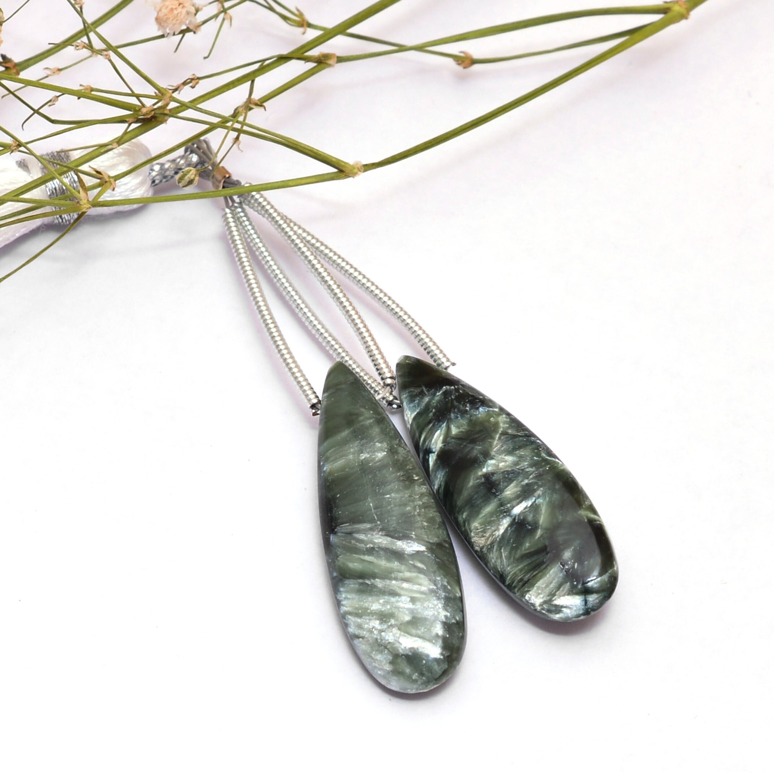 Aaa+ Seraphinite Gemstone 10x30mm Pear Smooth Briolette Beads Pair | Seraphinite Loose Pear Beads | Semi Precious Gemstone Teardrop Pair
