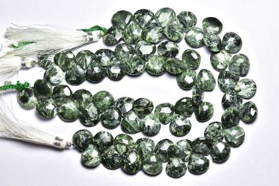 Seraphinite Pear Beads - 8 Inches - Natural Beautiful Faceted Seraphinite Heart Briolette - Size Is 11 - 12 Mm #548