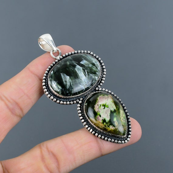 Seraphinite & Chrome Chalcedony Pendant: Handmade Sterling Silver Gemstone Jewelry