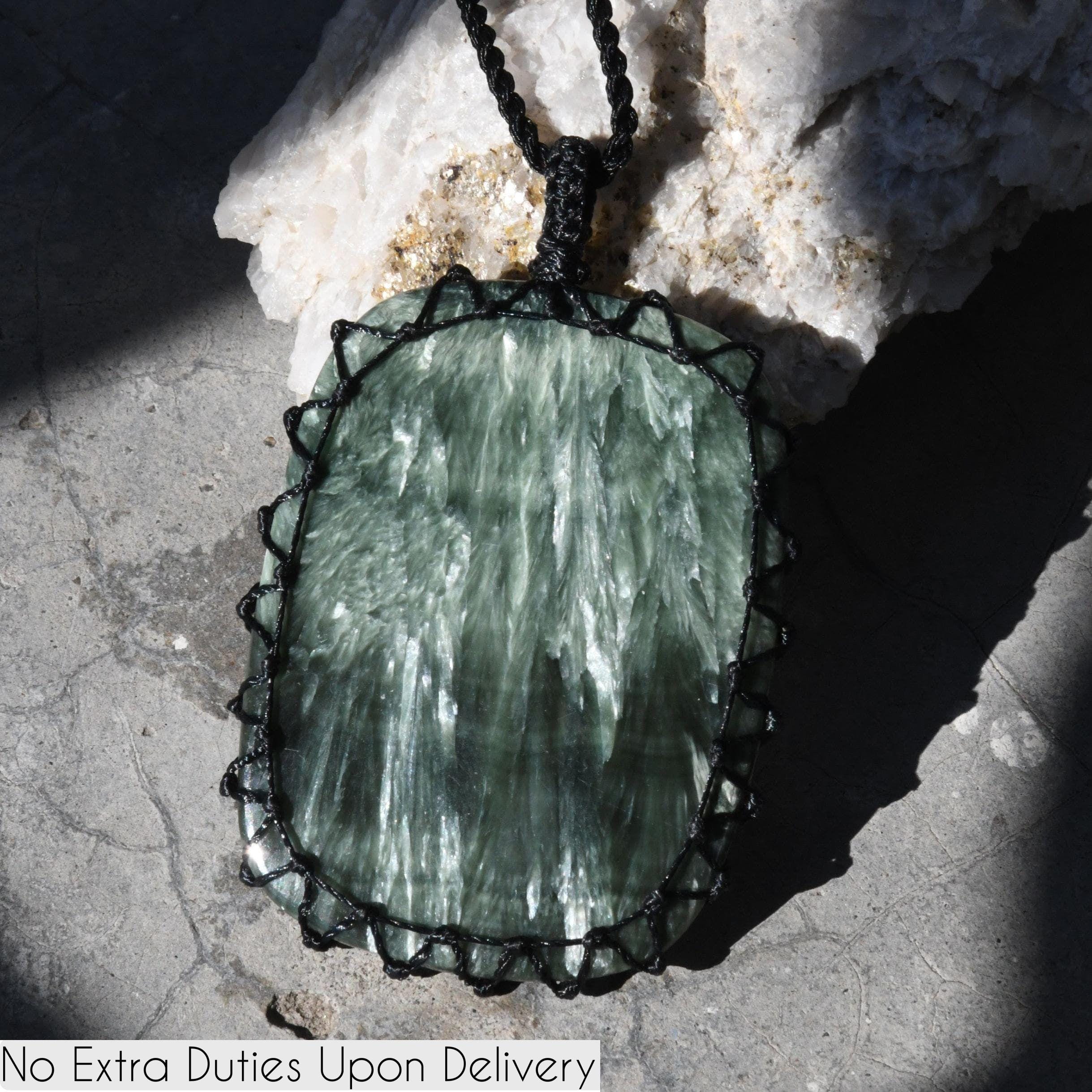 Seraphinite Crystal Macrame Necklace- Chatoyant Green Pendant, Spiritual Jewelry For Women And Men, Meaningful Gifts For Him And Her