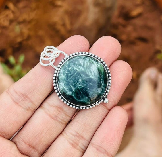 Seraphinite Gemstone Pendant, Handmade Jewellery, Designer Pendant, 925 Sterling Silver Seraphinite Gemstone Pendant, Handmade Jewellery, Designer Pendant, 925 Sterling Silver